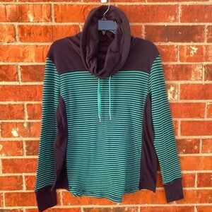 Eddie Bauer Womens Large Turquoise Navy Stripe Cowl Neck Ribbed Long Sleeve Top